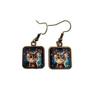 Orange Tabby Cat Antler Christmas Light Earrings